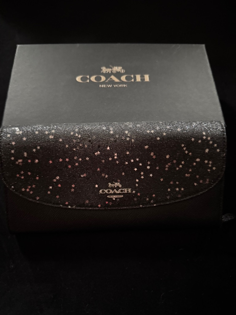 COACH Black Glitter Flap Continental Wallet
